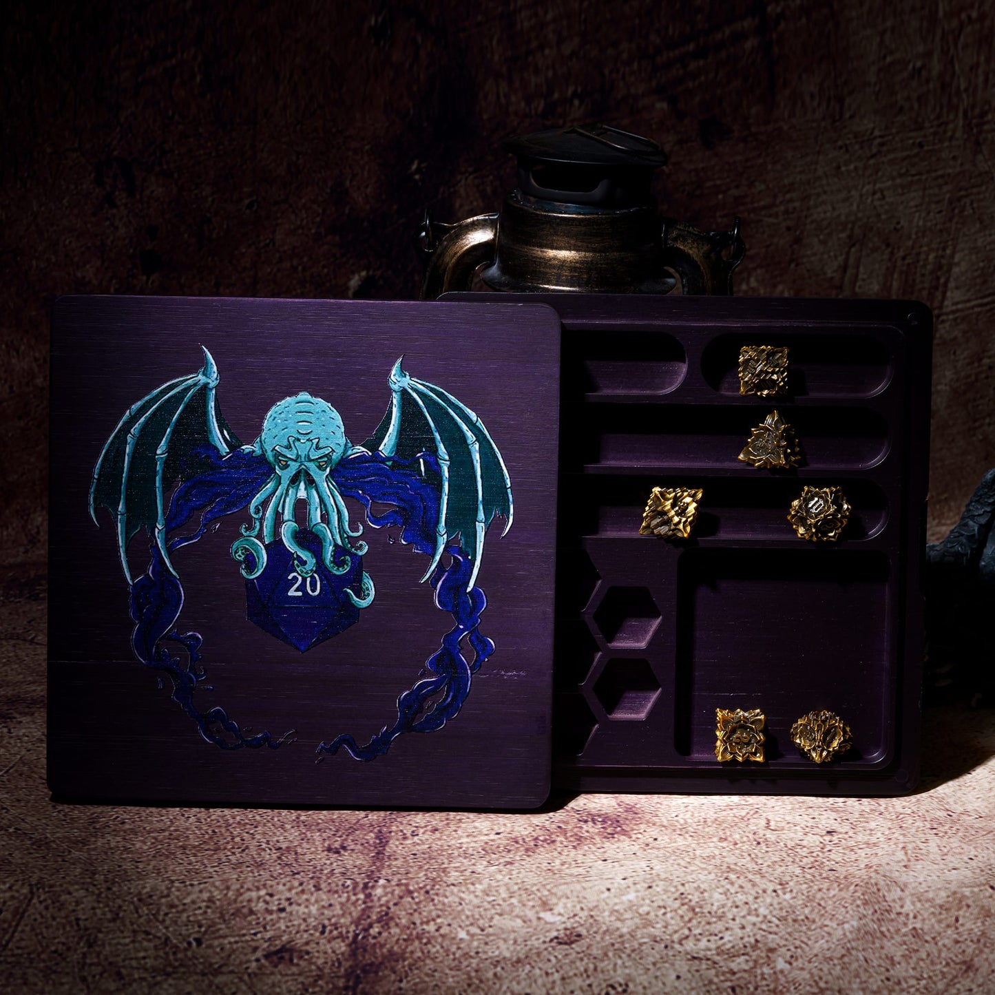 Purple Eldritch Abyss dice tray and case with detailed octopus artwork, perfect for DND and RPG dice storage