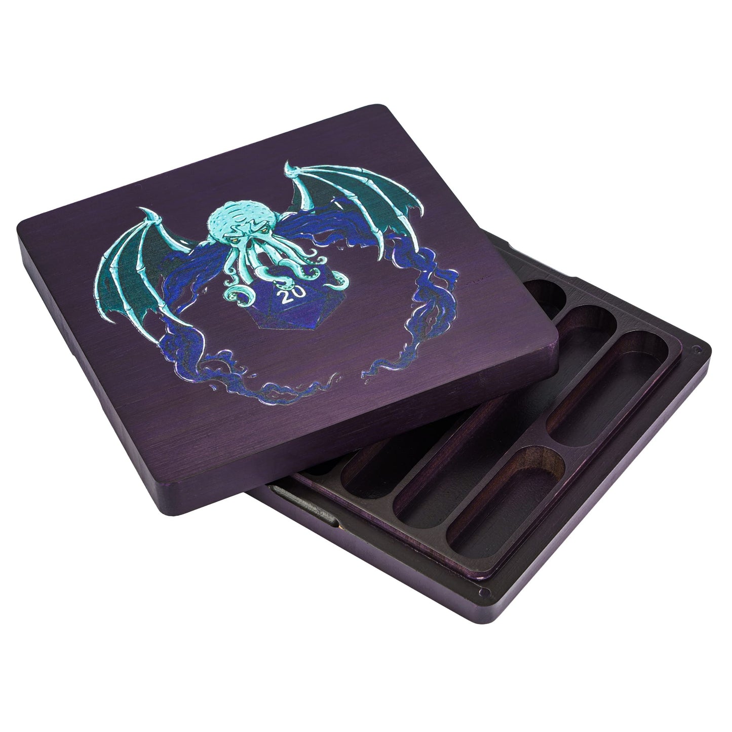 Purple Eldritch Abyss dice tray and case with octopus artwork, perfect for DND and tabletop RPGs