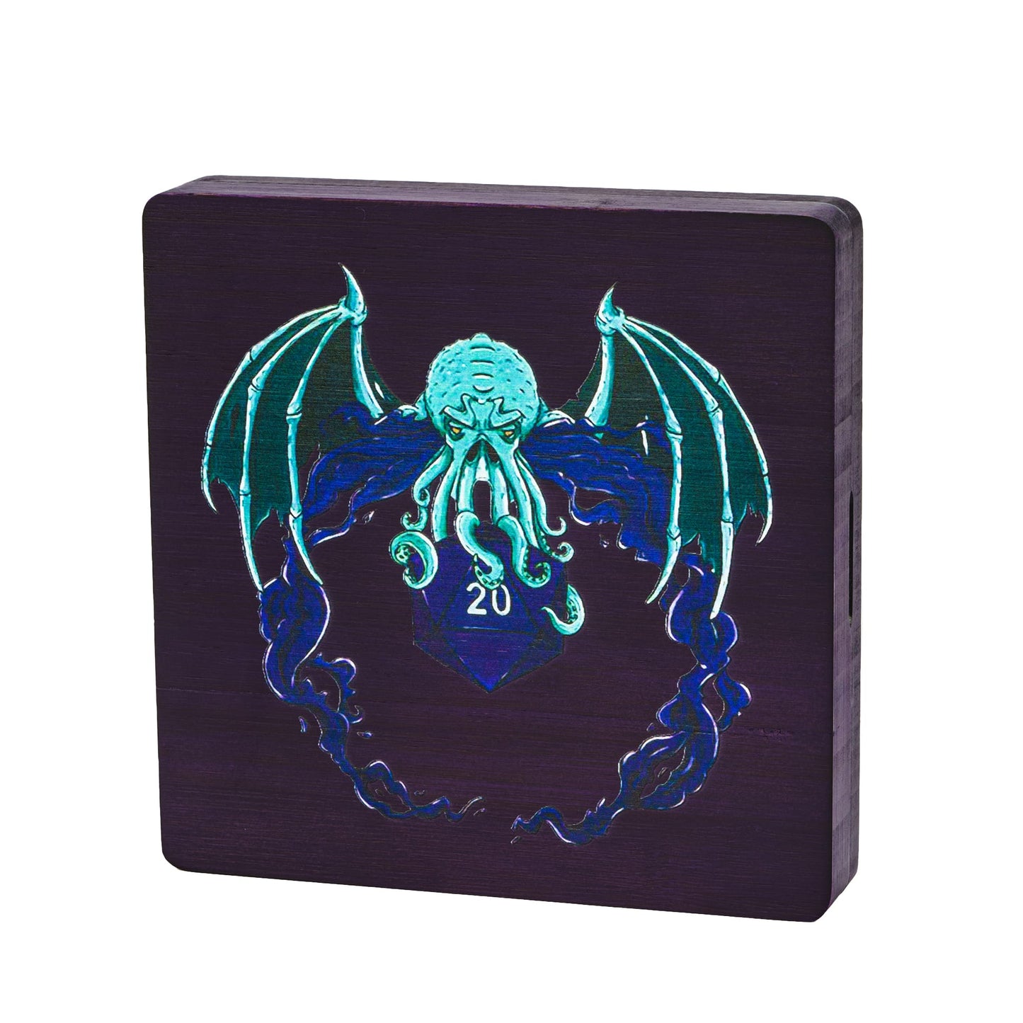 Eldritch Abyss Dice Tray & Case, purple wood dice box with winged octopus design for DND & RPG games