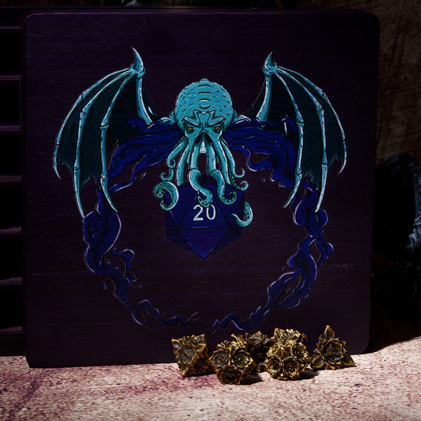 Eldritch Abyss Dice Tray & Case, purple wooden dice box with winged octopus design for DND & RPG