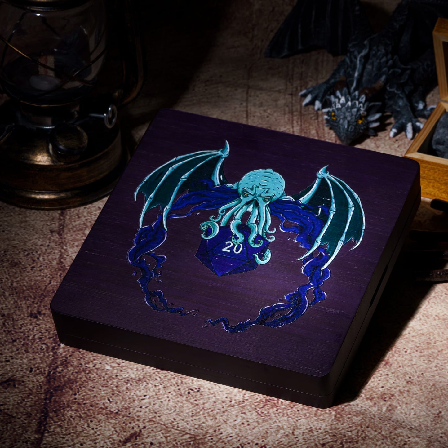 Eldritch Abyss dice tray & case featuring a winged octopus design, premium purple wooden accessory for DND