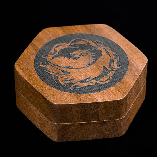 Closed Embercoil Vault black walnut dice storage box with dragon engraving