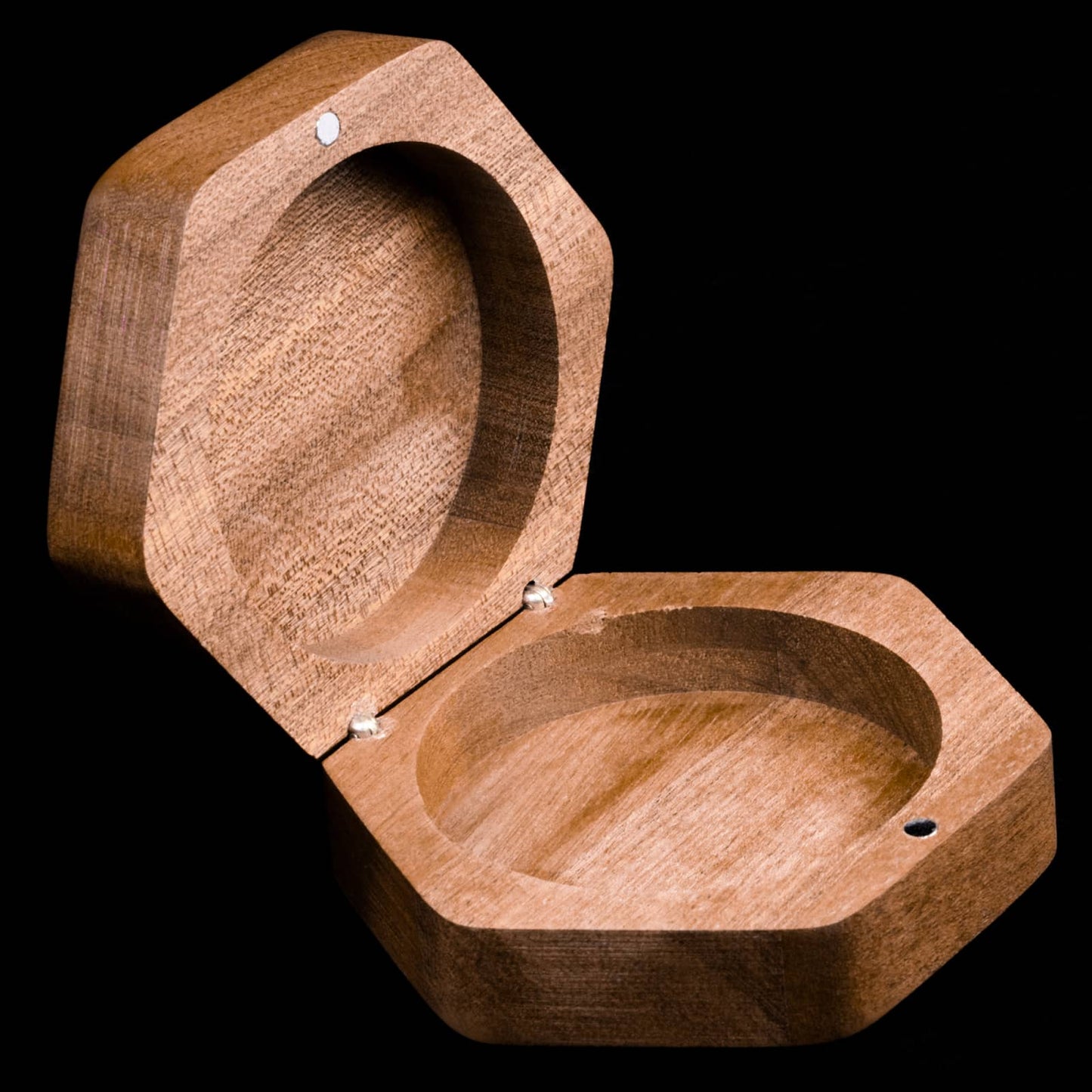 Open Embercoil Vault black walnut dice box showing empty interior