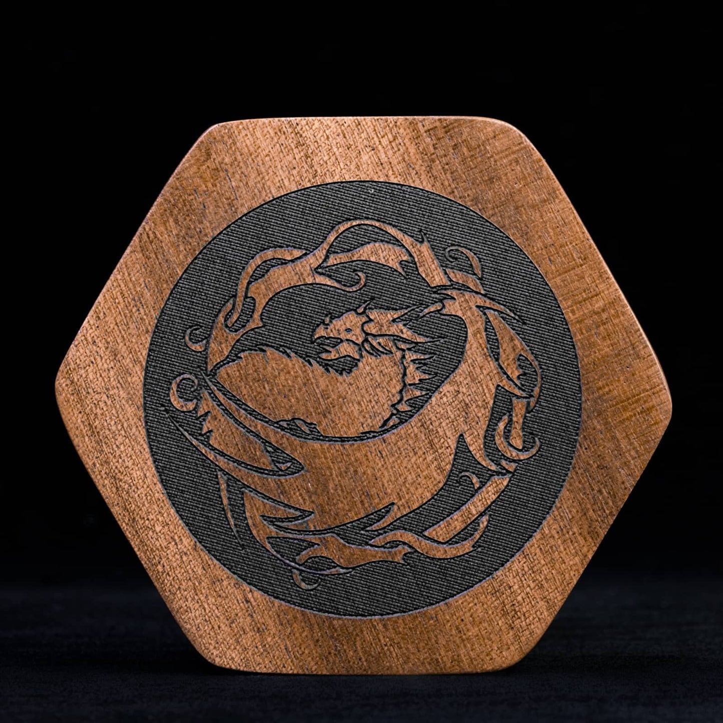 Closed Embercoil Vault sapelli wood dice storage box with dragon engraving