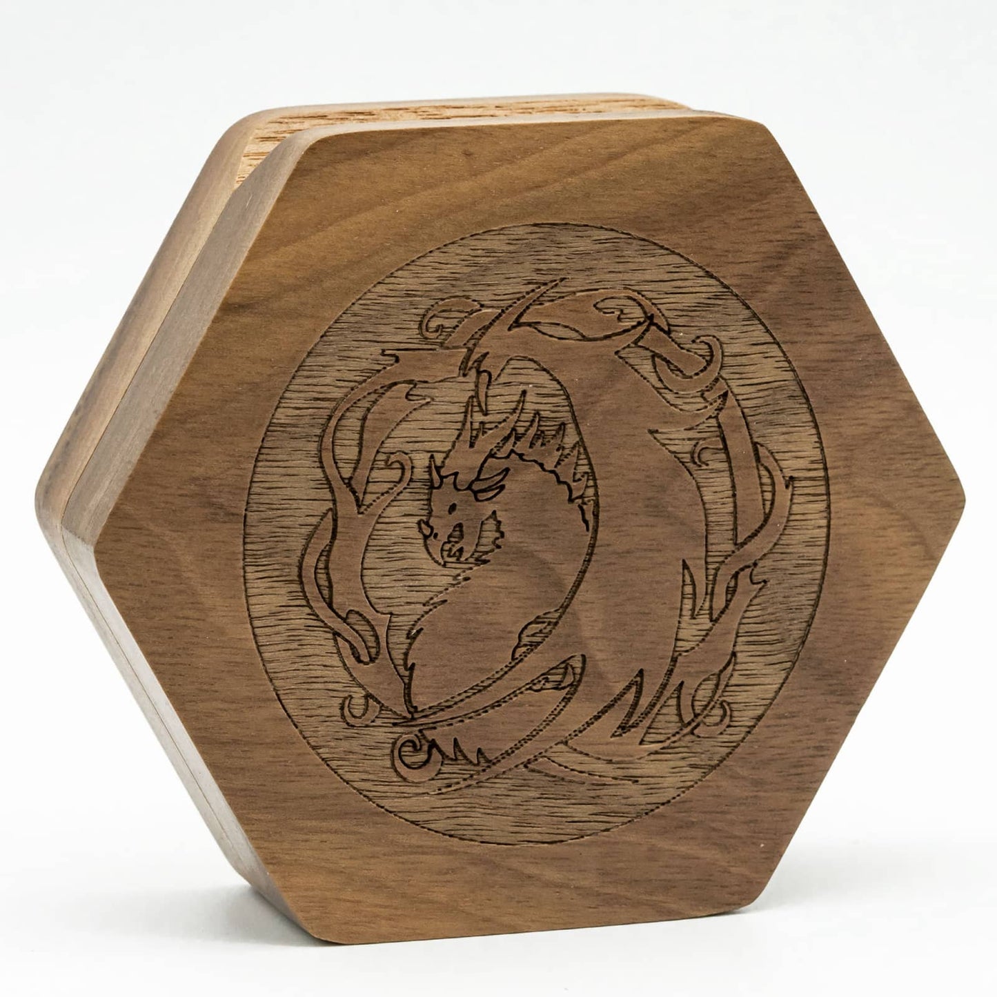 Closed Embercoil Vault sapelli wood dice storage box with dragon engraving