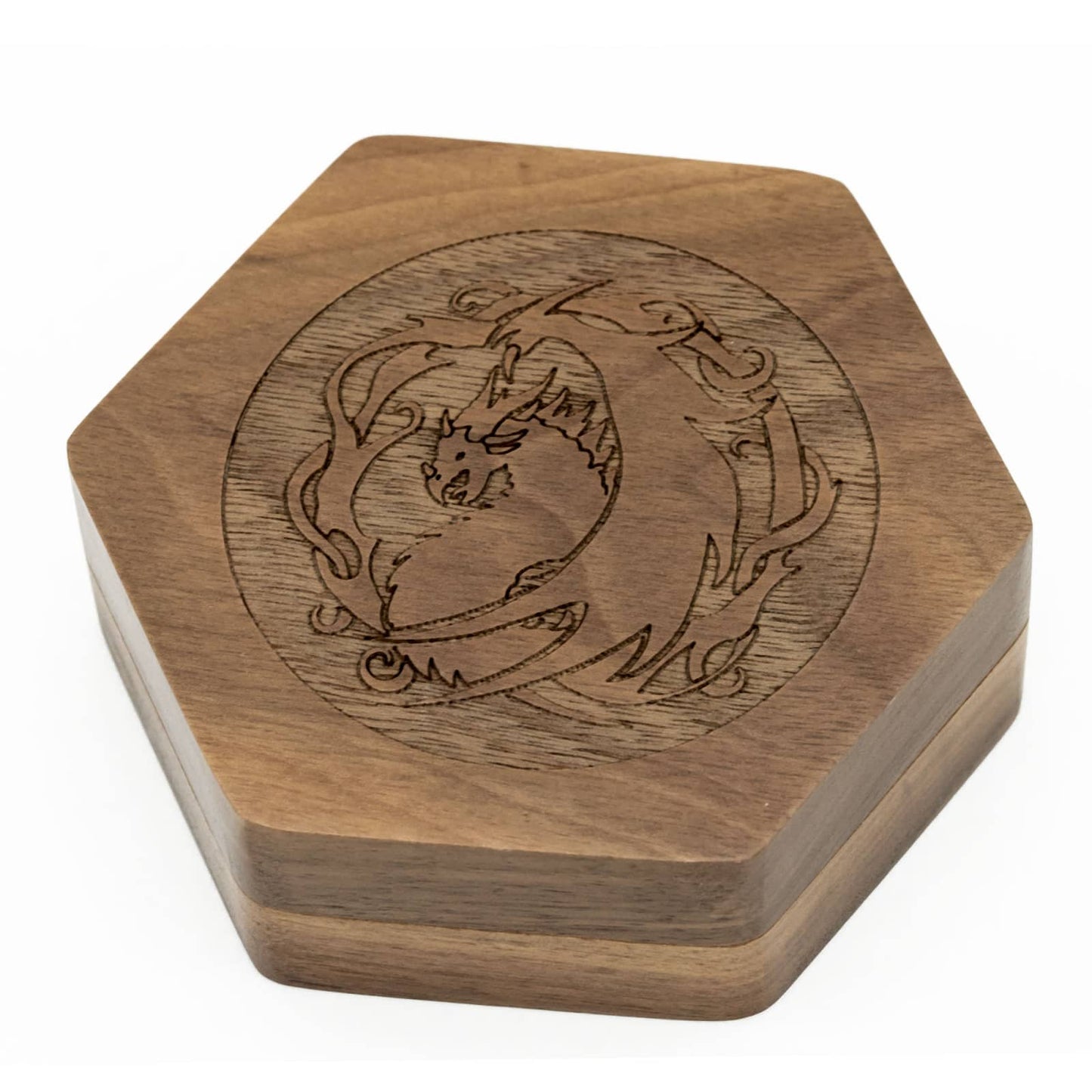 Top view of Embercoil Vault sapelli dice case featuring detailed dragon engraving