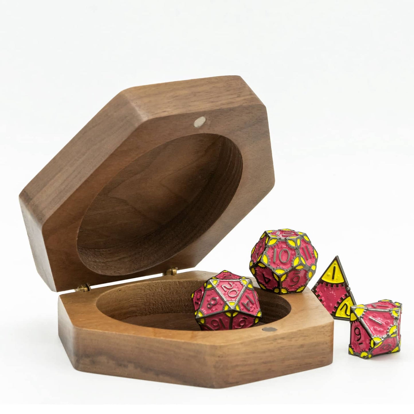 Open Embercoil Vault sapelli wood dice storage box spilled dice set
