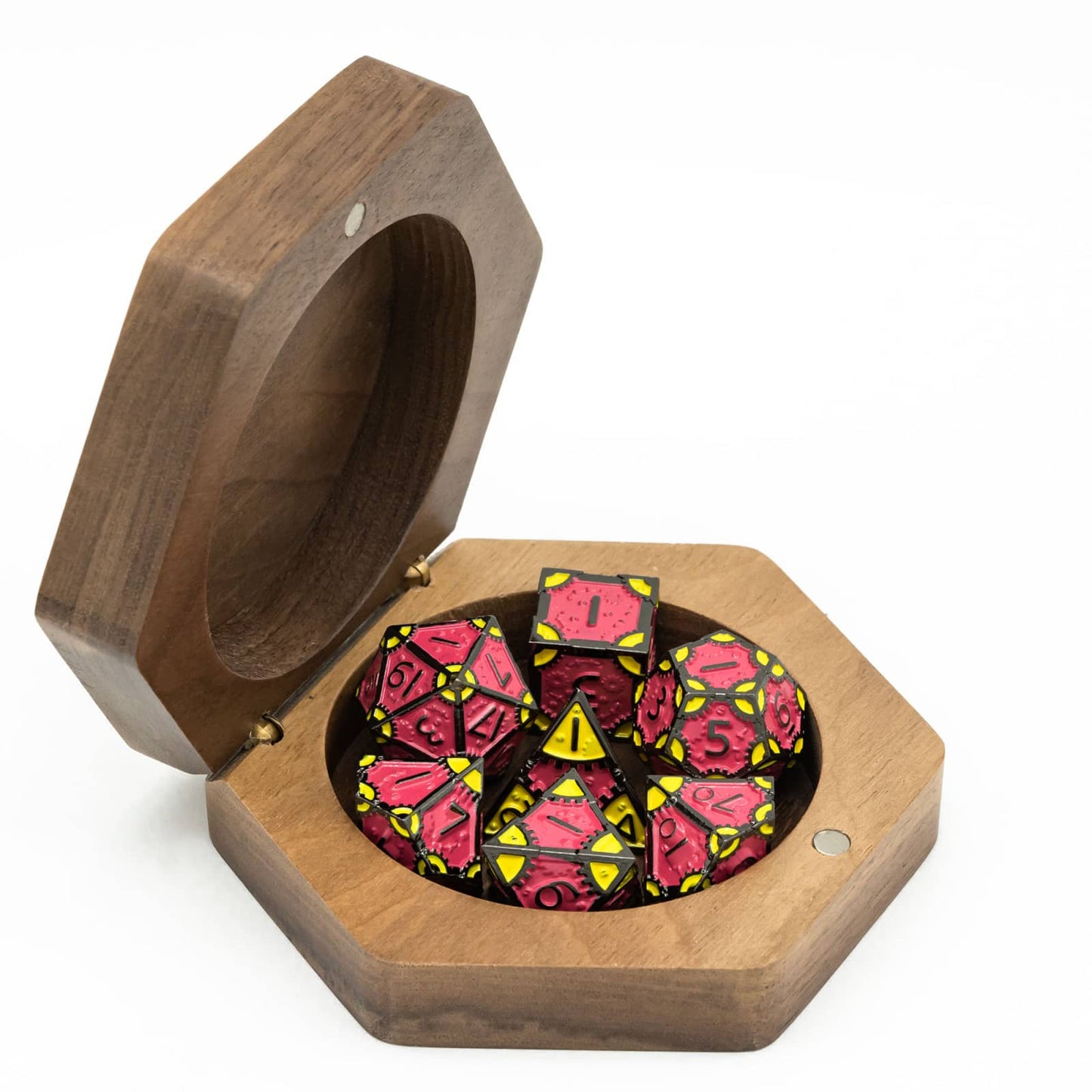 Open Embercoil Vault sapelli wood dice storage box holding full dice set