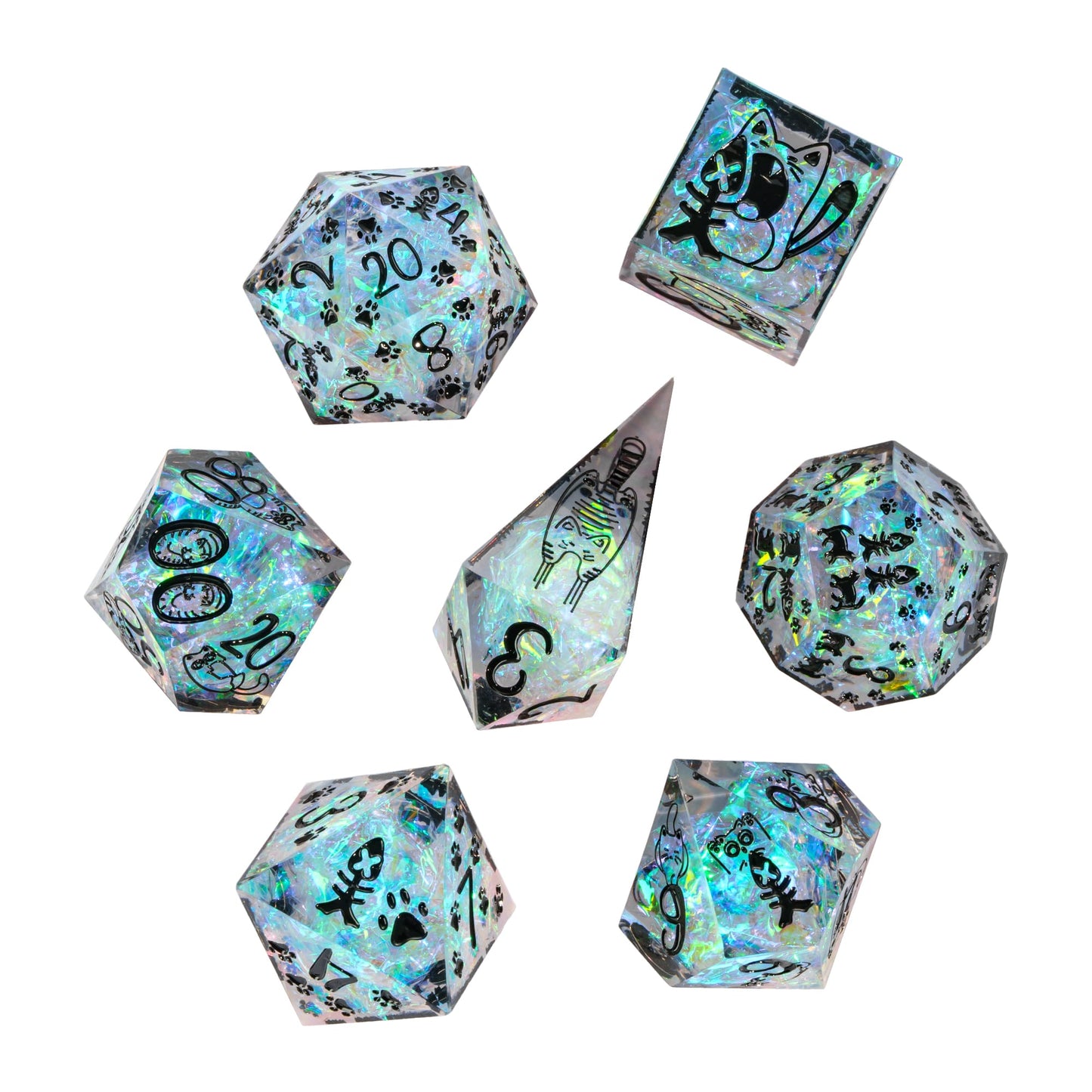 Feline Fantasy holographic sharp edge polyhedral dice set with black engraved cat and paw prints