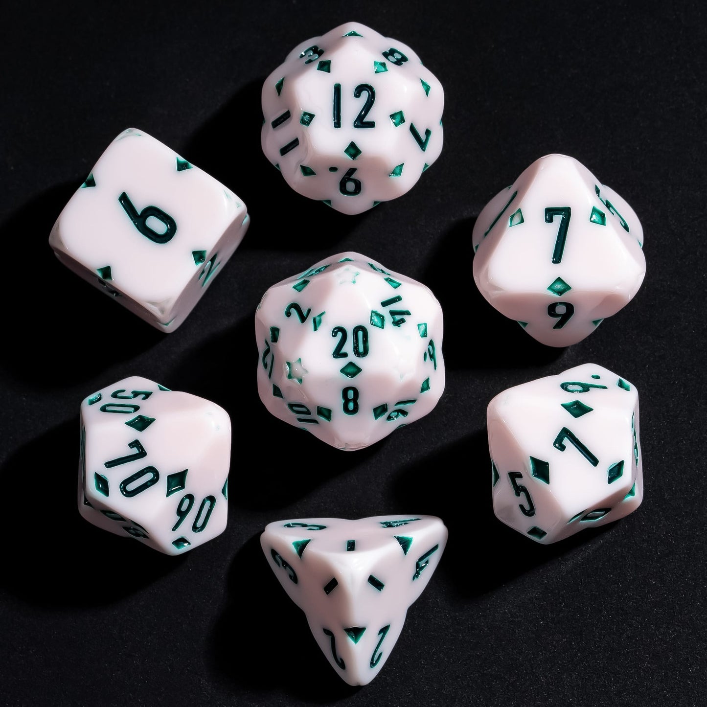 Pink Fourfold Clover Dice Set, 7 polyhedral dice for DnD & DnD 5e with clover icons and green numbering