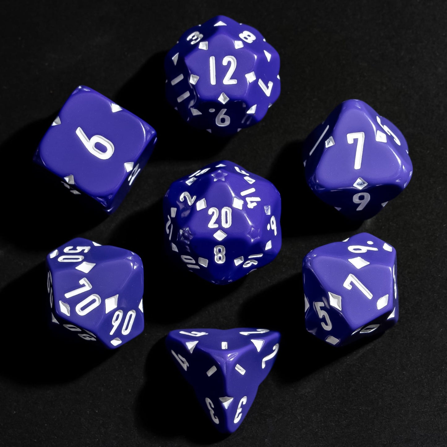 Purple Fourfold Clover Dice Set, 7 polyhedral dice for DnD & DnD 5e featuring clover designs and white numbering
