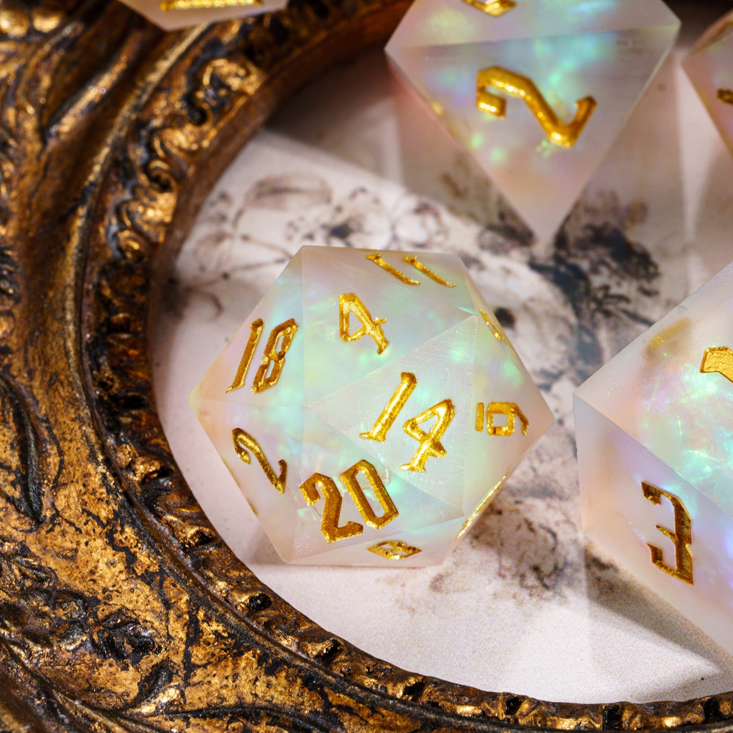 Detailed view of Frosted Beam D20 with gold numbering and frosted resin finish