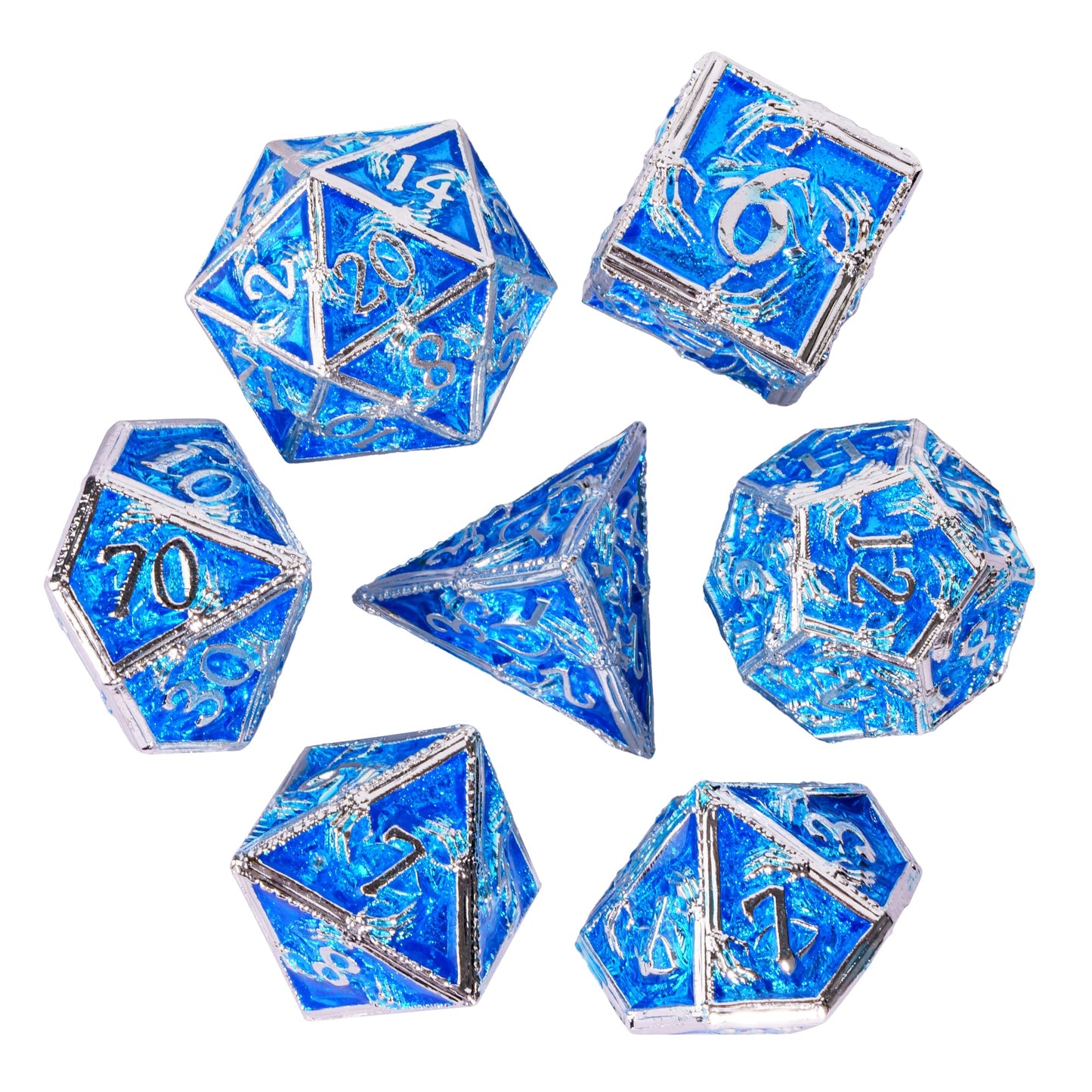 Frosted Crypt Metal Dice Set full 7 piece blue and silver RPG dice set