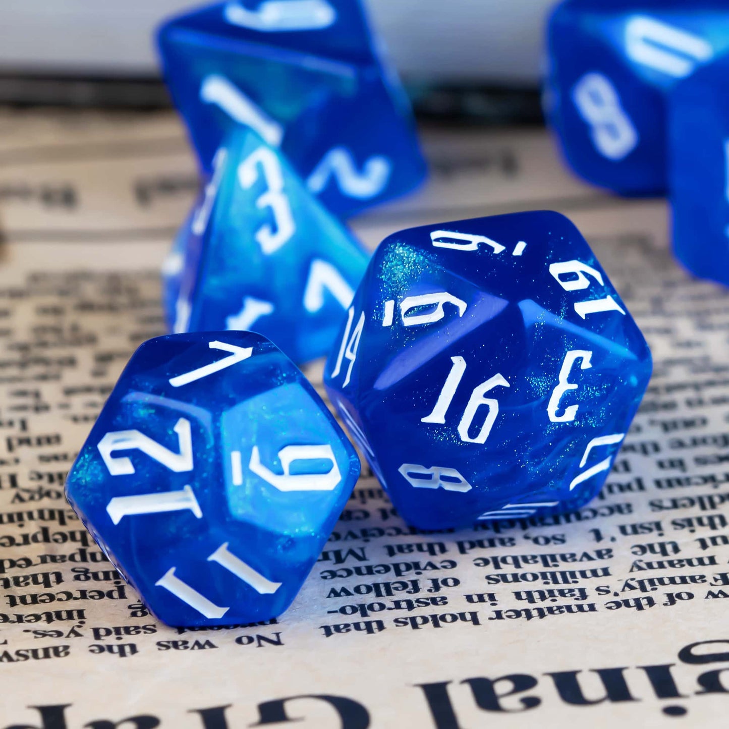 Glacier Blue Dice Set resin polyhedral dice with icy blue swirl and white numbers for DnD