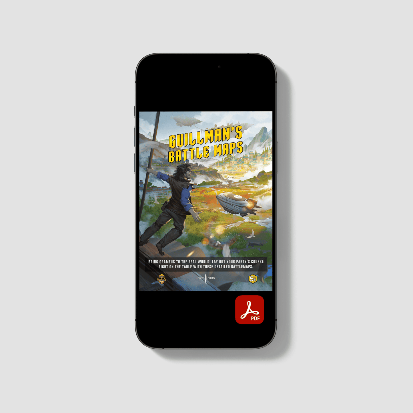 Guillman’s Battle Maps DnD 5e PDF displayed on a smartphone. Features a lionfolk explorer overlooking a fantasy landscape with airships and a hovercraft. Created by Only Crits for Fifth Edition.