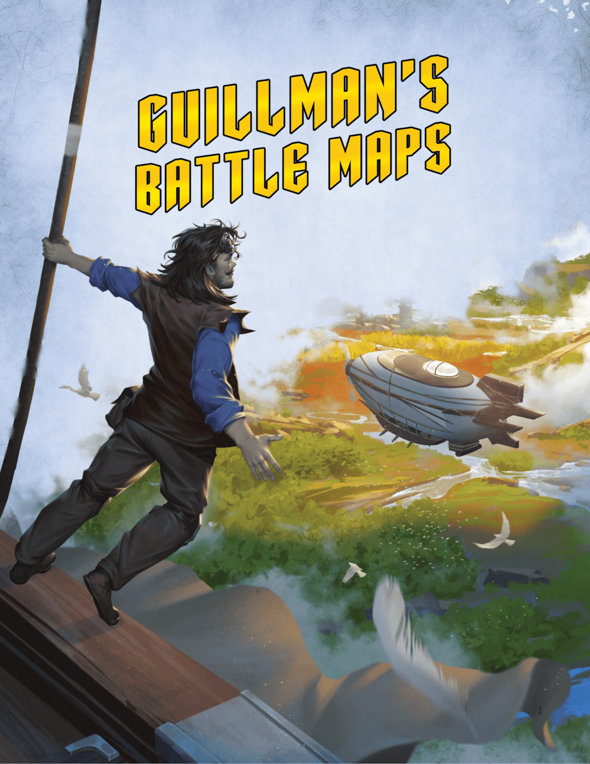 Guillman’s Battle Maps DnD 5e title page illustration featuring a lionfolk adventurer overlooking a lush fantasy landscape with rivers, forests, and a flying airship. Designed by Only Crits for Fifth Edition gameplay.