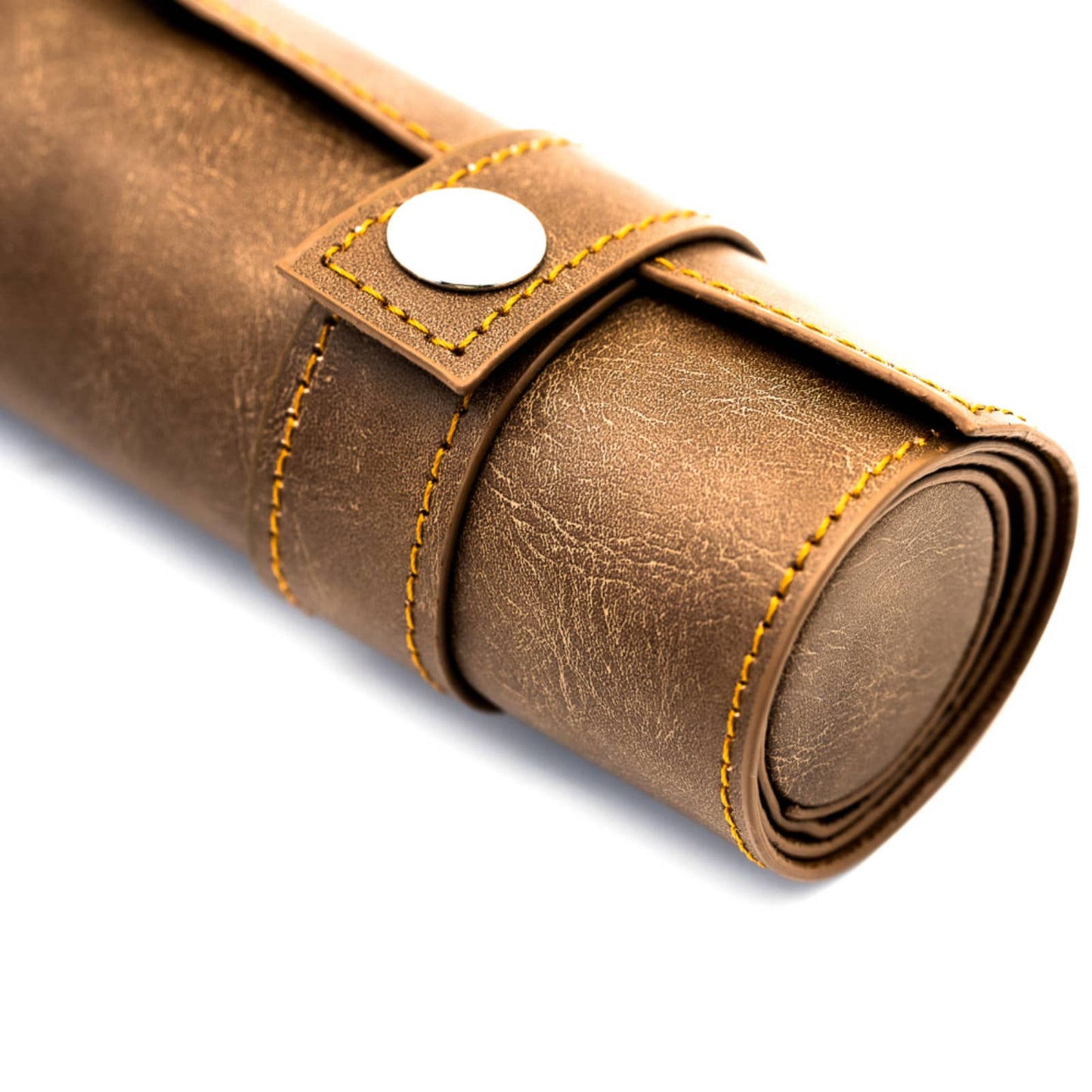Brown leather dice storage case for Guillman’s Gilded Metal Dice, full-length travel view