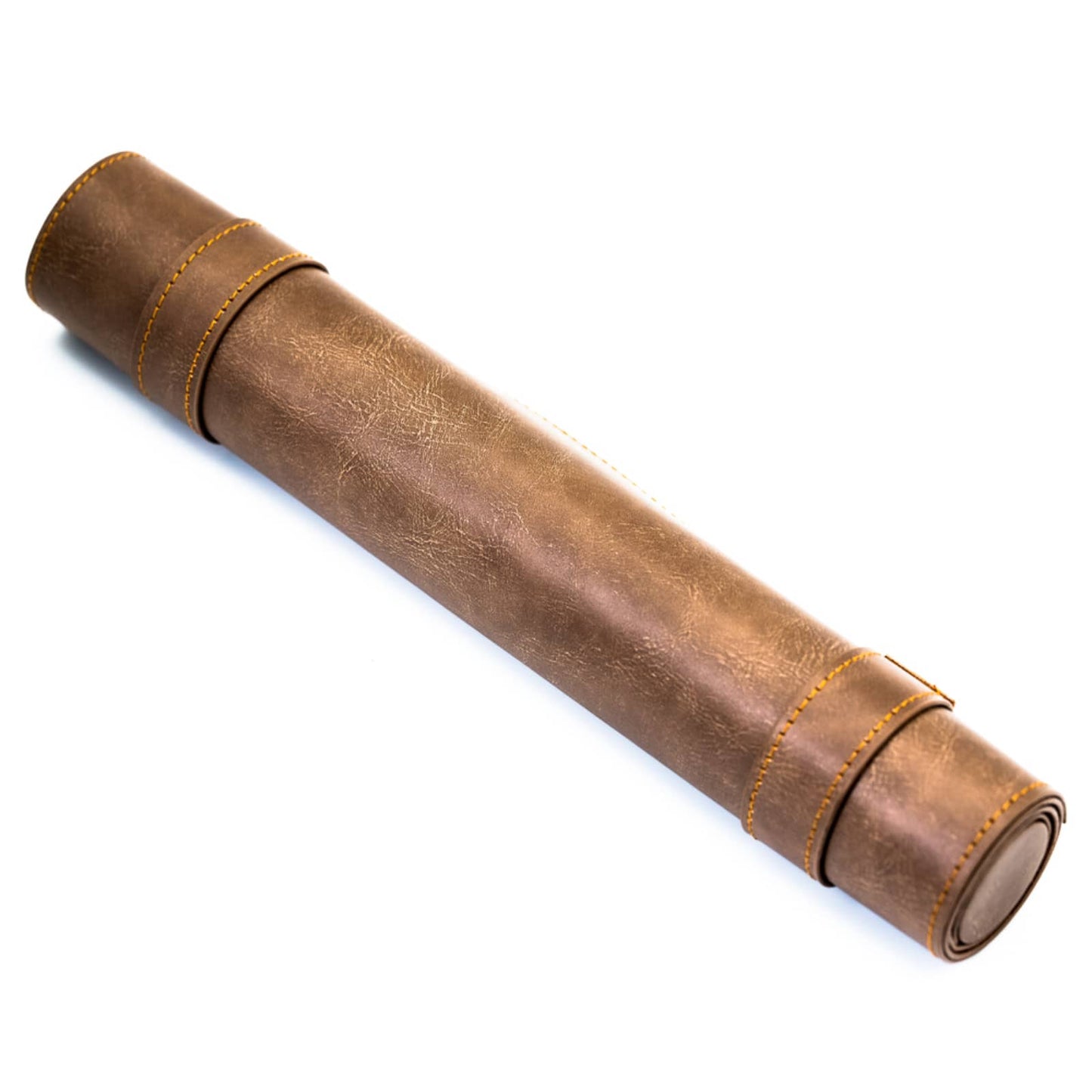 Close-up of rolled brown leather dice case with yellow stitching for Guillman’s Gilded Dice storage