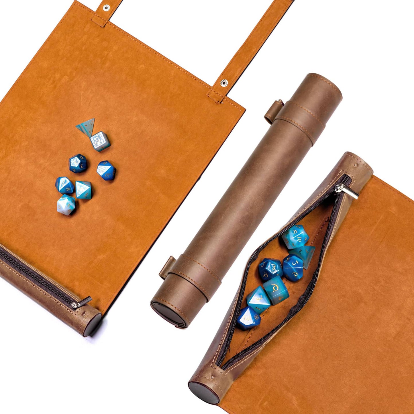 Brown leather dice rolling mat & carrying case with Guillman’s Gilded Dice for tabletop RPG sessions