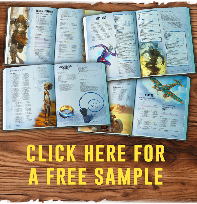 Open pages from Guillman’s Guide to Speed 5e supplement laid out on a wooden surface, showcasing character creation, bestiary entries, magic items, spells, and fantasy vehicles. Bold yellow text reads “Click Here for a Free Sample.” Designed by Only Crits for DnD 5e.