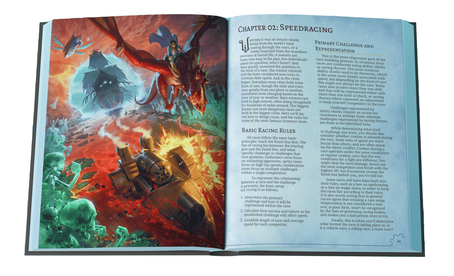 Open fantasy RPG book spread showing a red dragon rider chasing a ghost ship while a magical train explodes through lava, paired with 5E rules for speedracing in a high fantasy campaign setting.