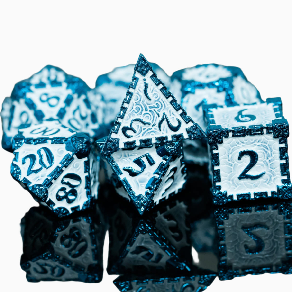 Icy Blade metal dagger dice set for DnD & TTRPG, close-up with reflection
