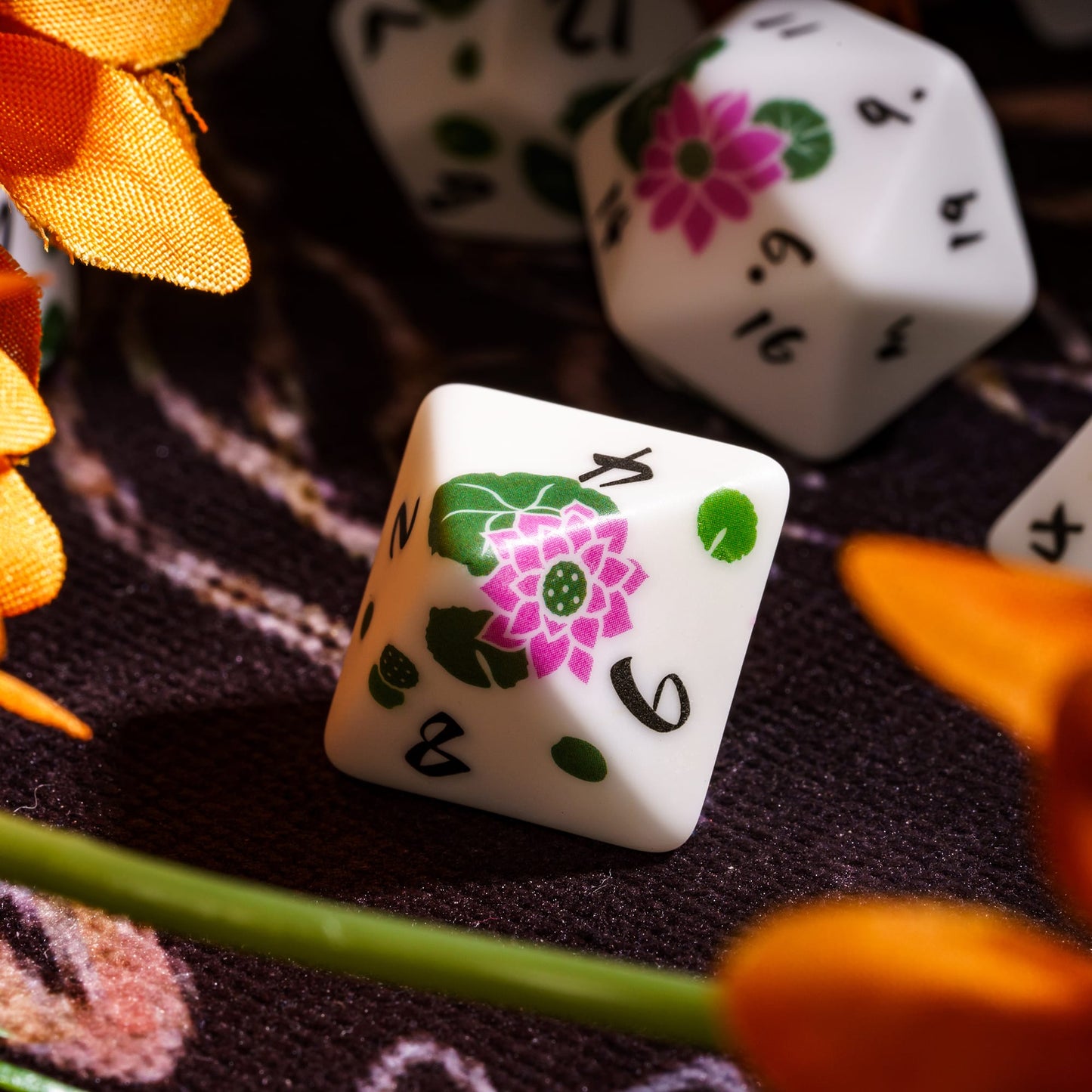Lotus Blossom Dice Set d8 die with lotus flower and lily pad details for DnD & DnD 5e