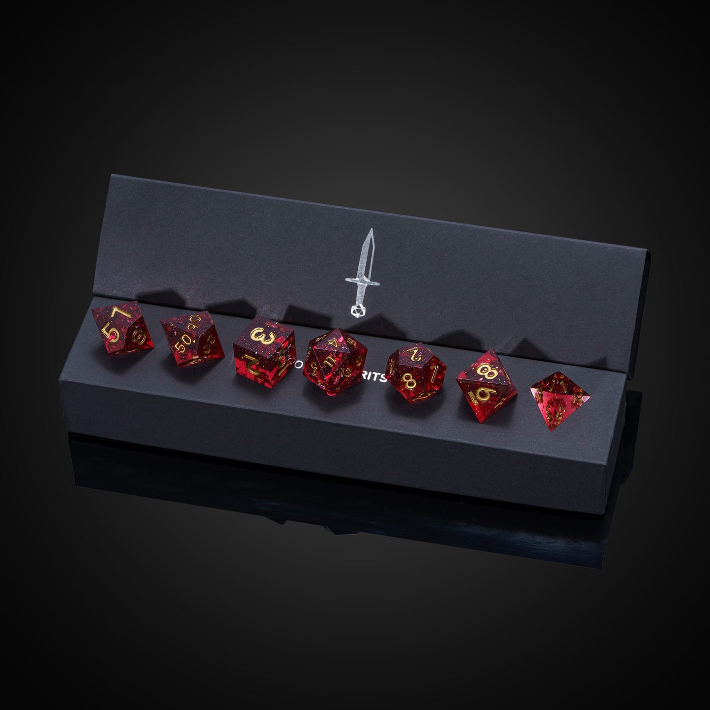 Magma Flake Sharp Edge Dice Set, 7 piece red dice with gold numbering in display box for DnD