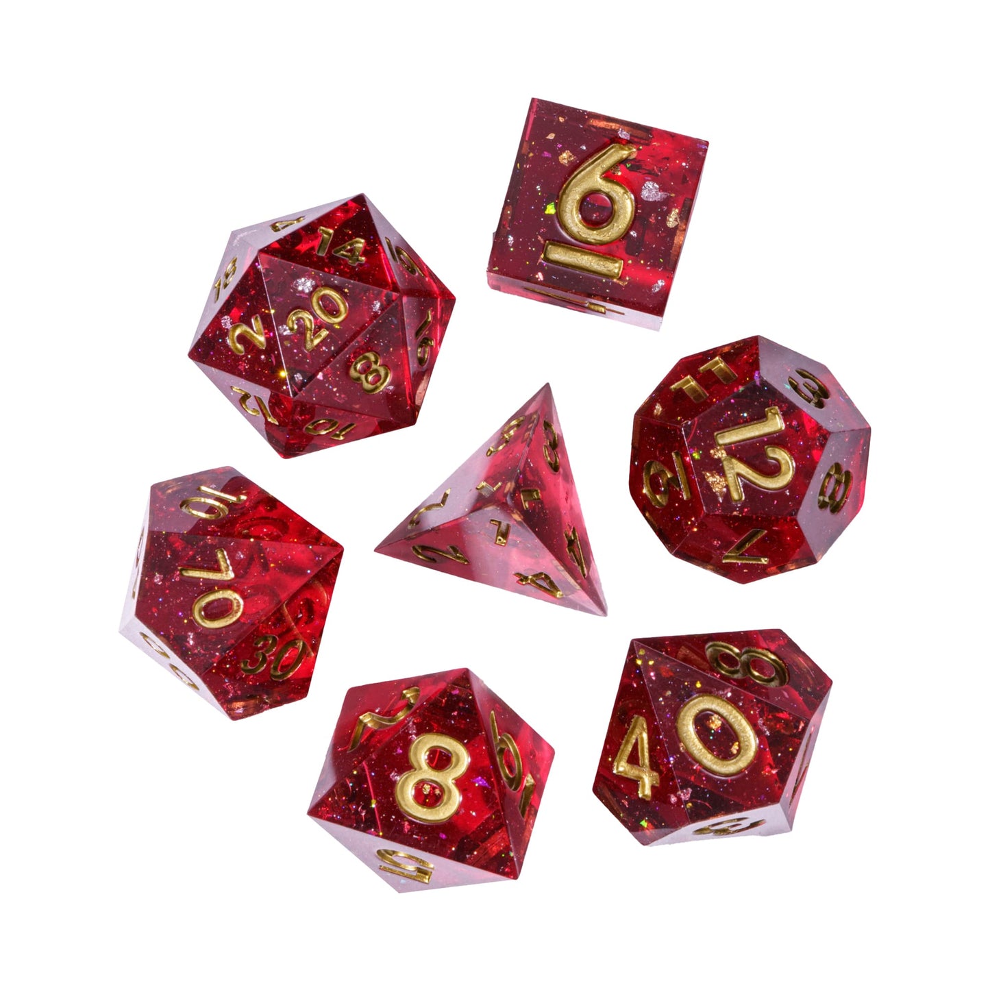 Magma Flake Sharp Edge Dice Set, 7 piece red resin dice with gold numbering flat lay for DnD