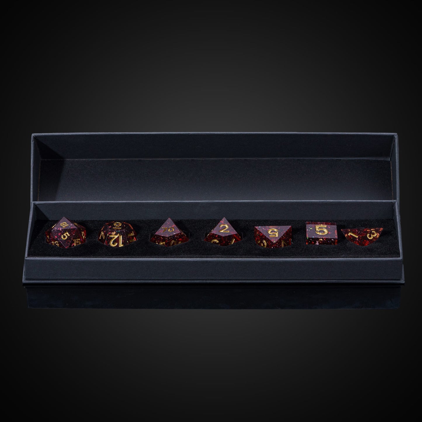 Magma Flake Sharp Edge Dice Set, 7 piece red resin dice with gold numbering in foam case for DnD