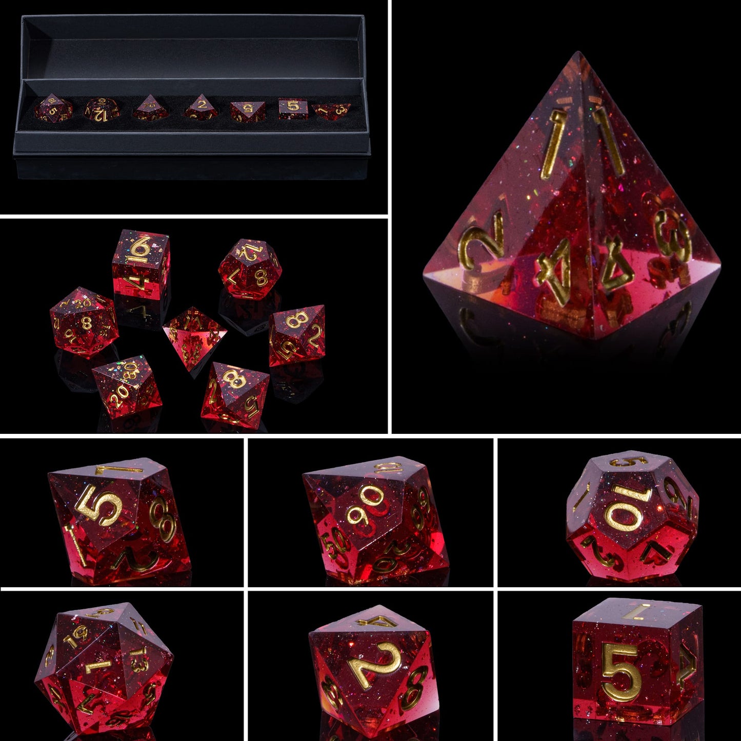 Magma Flake Sharp Edge Dice Set, red resin with gold numbering, close-up collage for DnD & DnD 5e