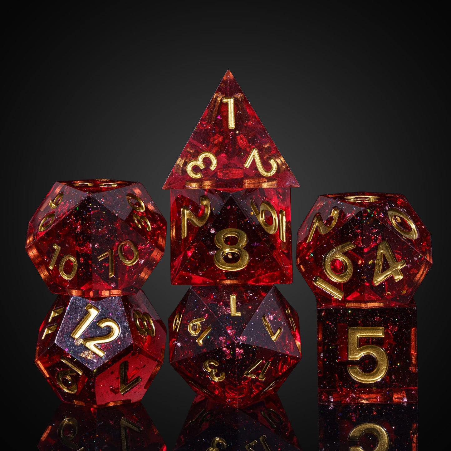 Magma Flake Sharp Edge Dice Set, stacked red resin dice with gold numbering for DnD & DnD 5e