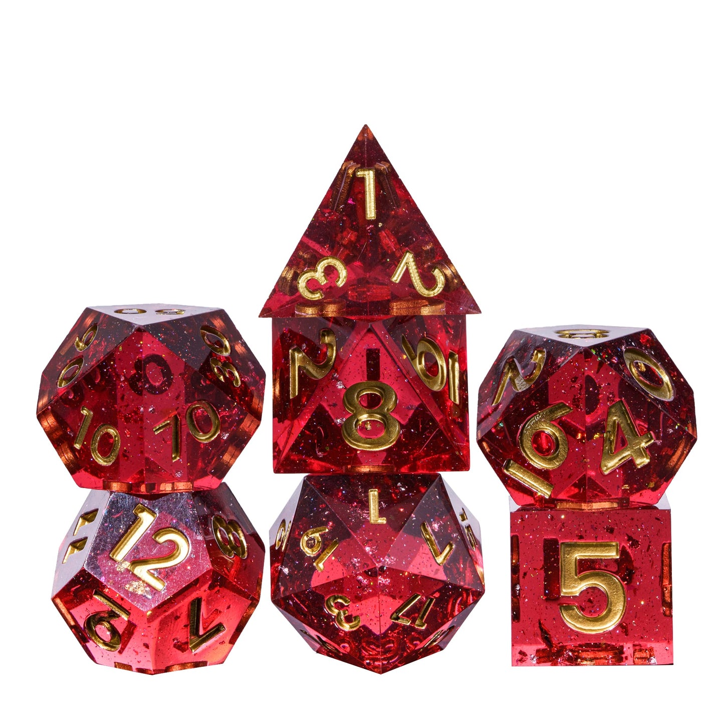 Magma Flake Sharp Edge Dice Set, stacked 7 piece red dice with gold numbering on white background