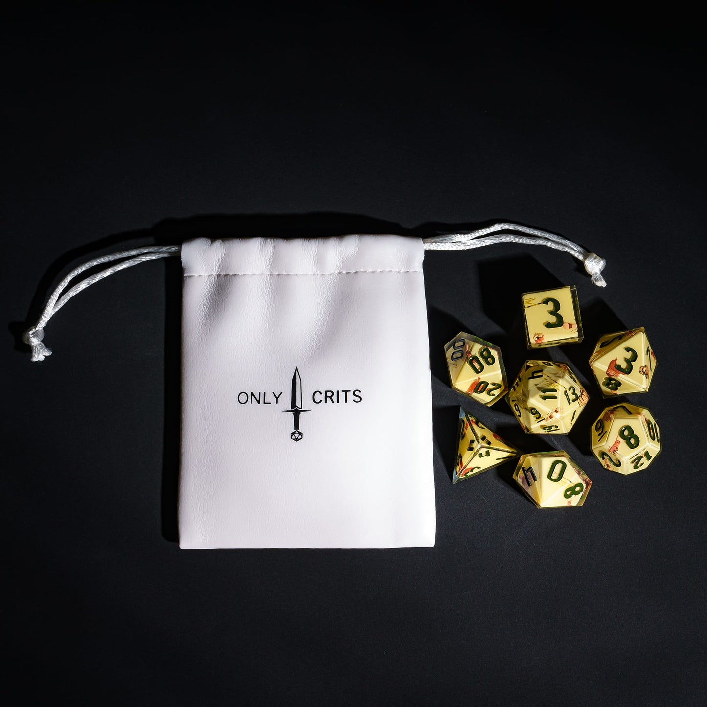 Yellow Monk Dice Set with Only Crits bag, pastel 7 piece sharp edge dice for DND 5e