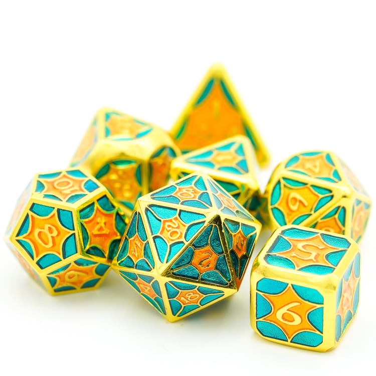Angled view of Mossy Avocado dice showing detailed metal and enamel pattern