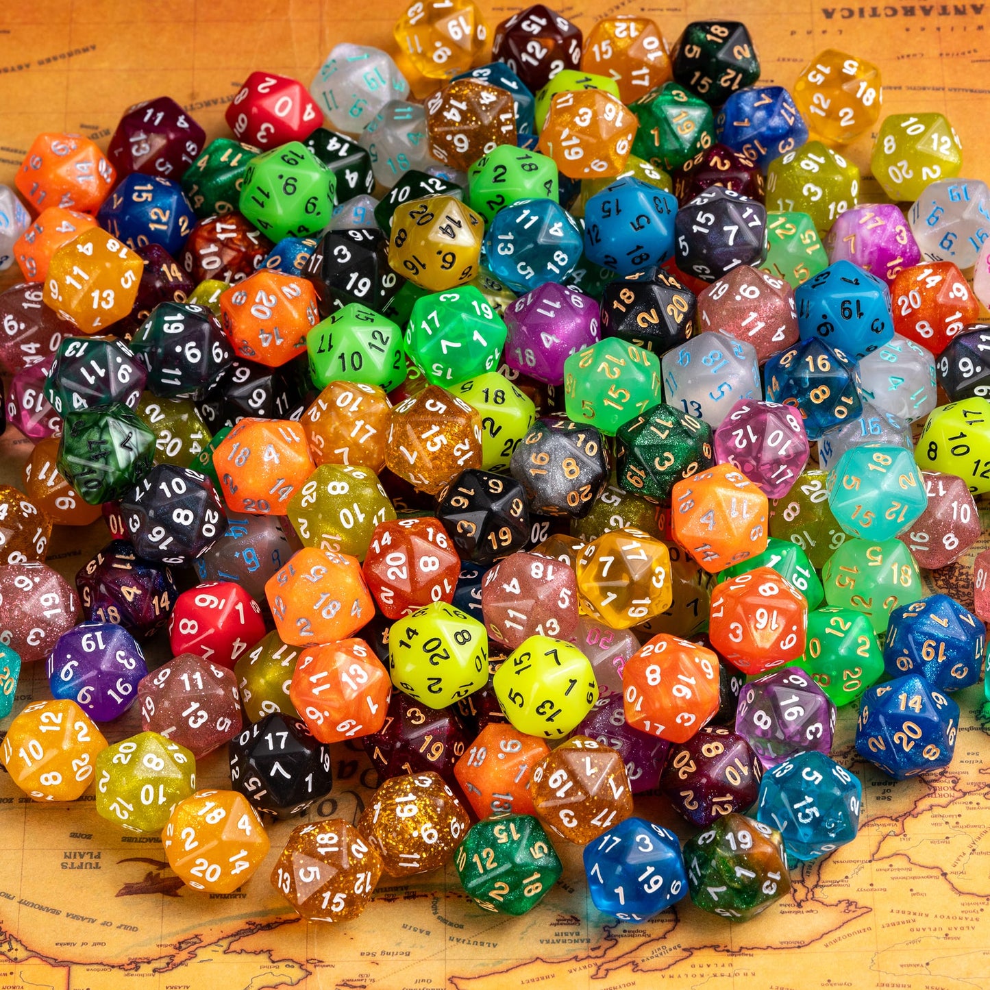 Colorful random D20 dice pile displayed on fantasy map background