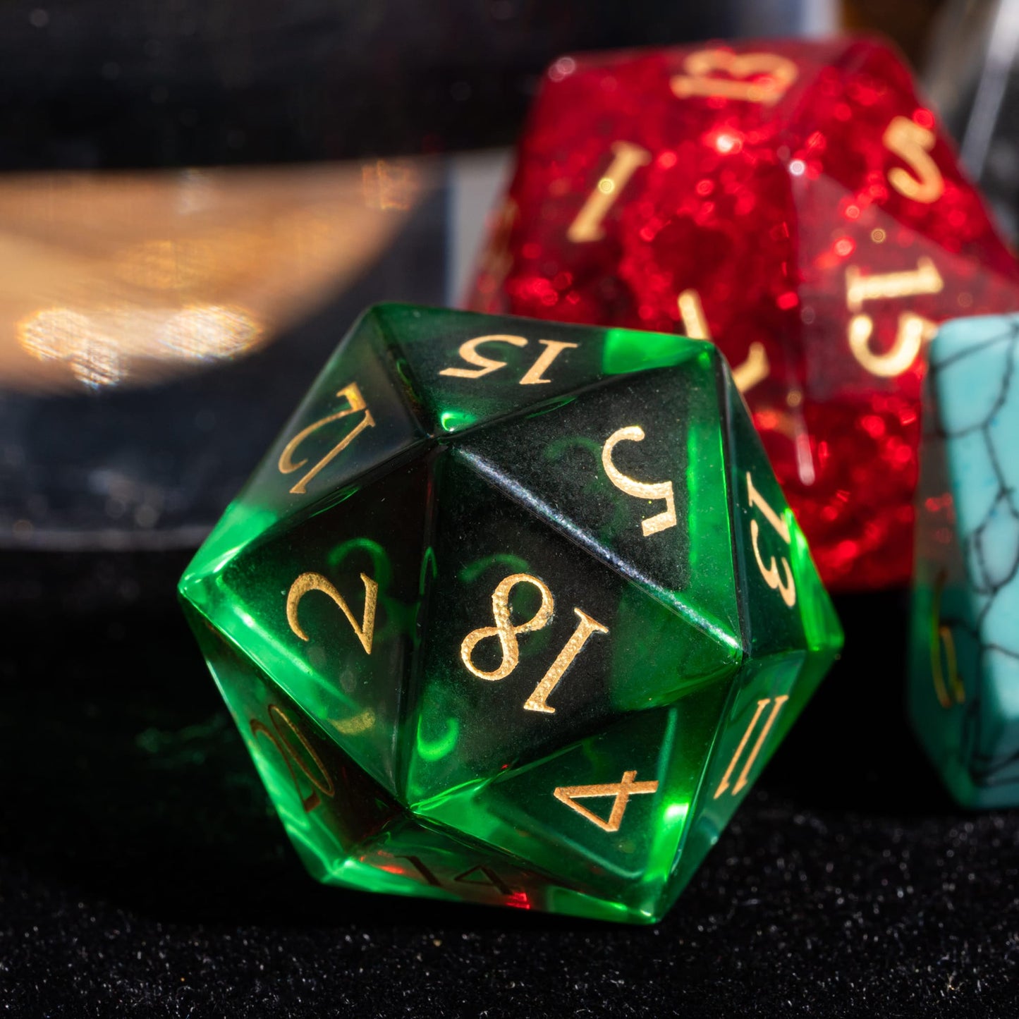Mystery Package Gemstone & Glass Dice Set, green D20 close-up sharp edge dice for DnD & DnD 5e