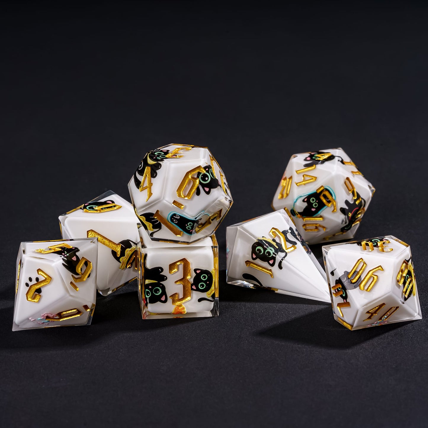 Nocturne Whiskers sharp edge polyhedral dice set with cat-themed engravings for RPG sessions