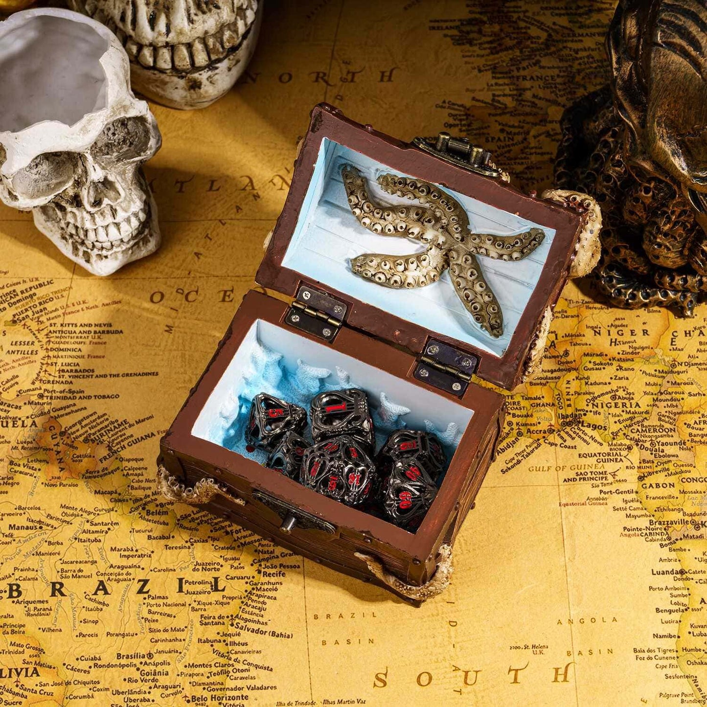 Octopus Chest Dice Case open with black dice inside for tabletop RPG gaming with DnD & DnD 5e