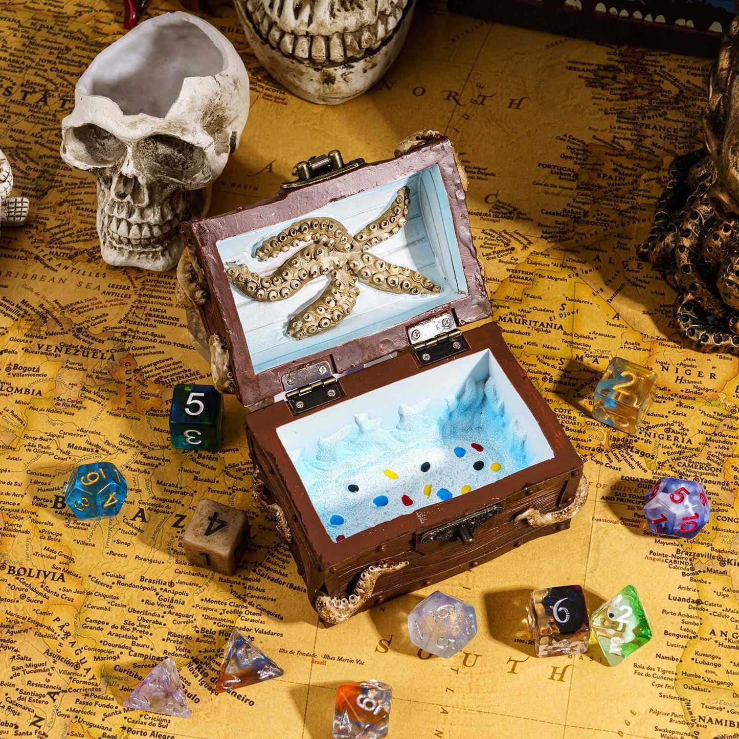 Octopus Chest Dice Case open with colorful dice inside for tabletop RPG players of DnD & DnD 5e