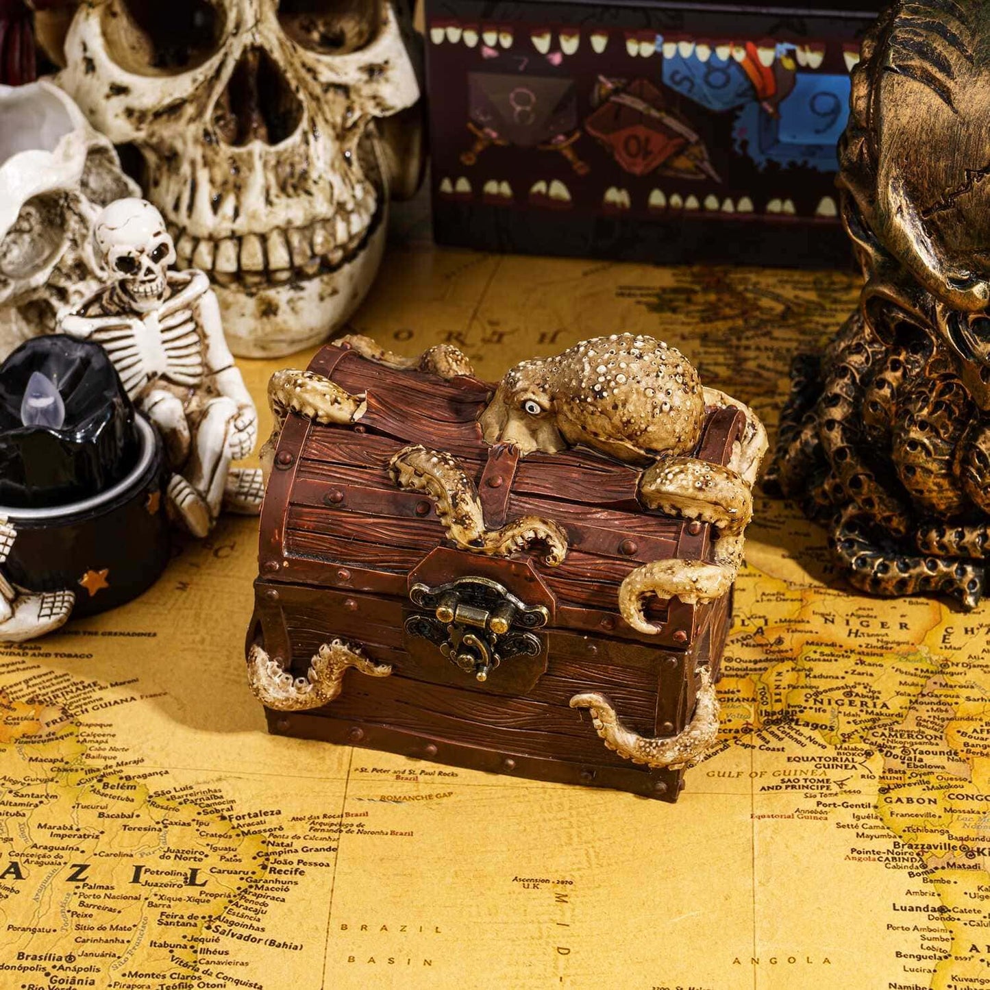 Octopus Chest Dice Case displayed on fantasy tabletop map with dice for DnD & DnD 5e