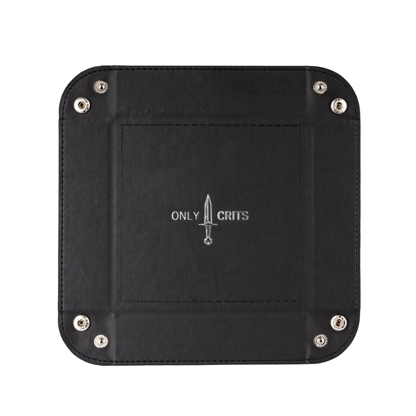 Flat view of Only Crits Dice Tray with logo, foldable leather RPG dice rolling tray