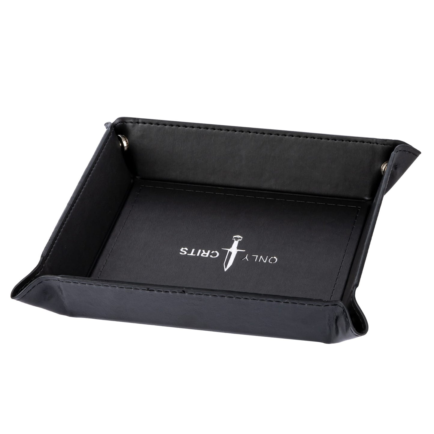 Side angled view of Only Crits Dice Tray, black leather foldable dice rolling tray for RPGs