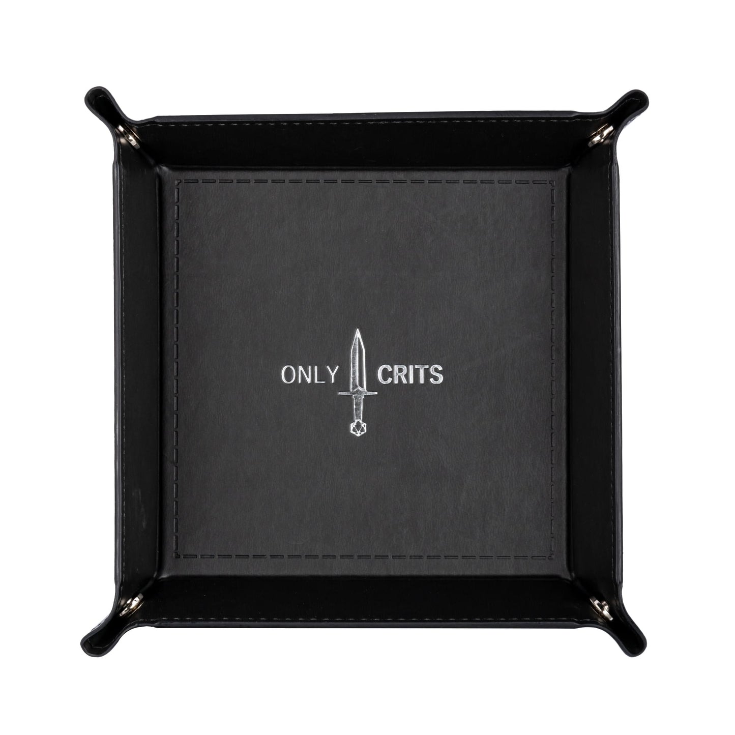 Top view of Only Crits Dice Tray with silver sword logo, premium tabletop RPG dice tray