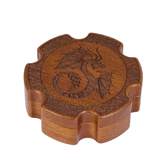 Closed Dragon Gear Vault dice case with engraved dragon design on the lid