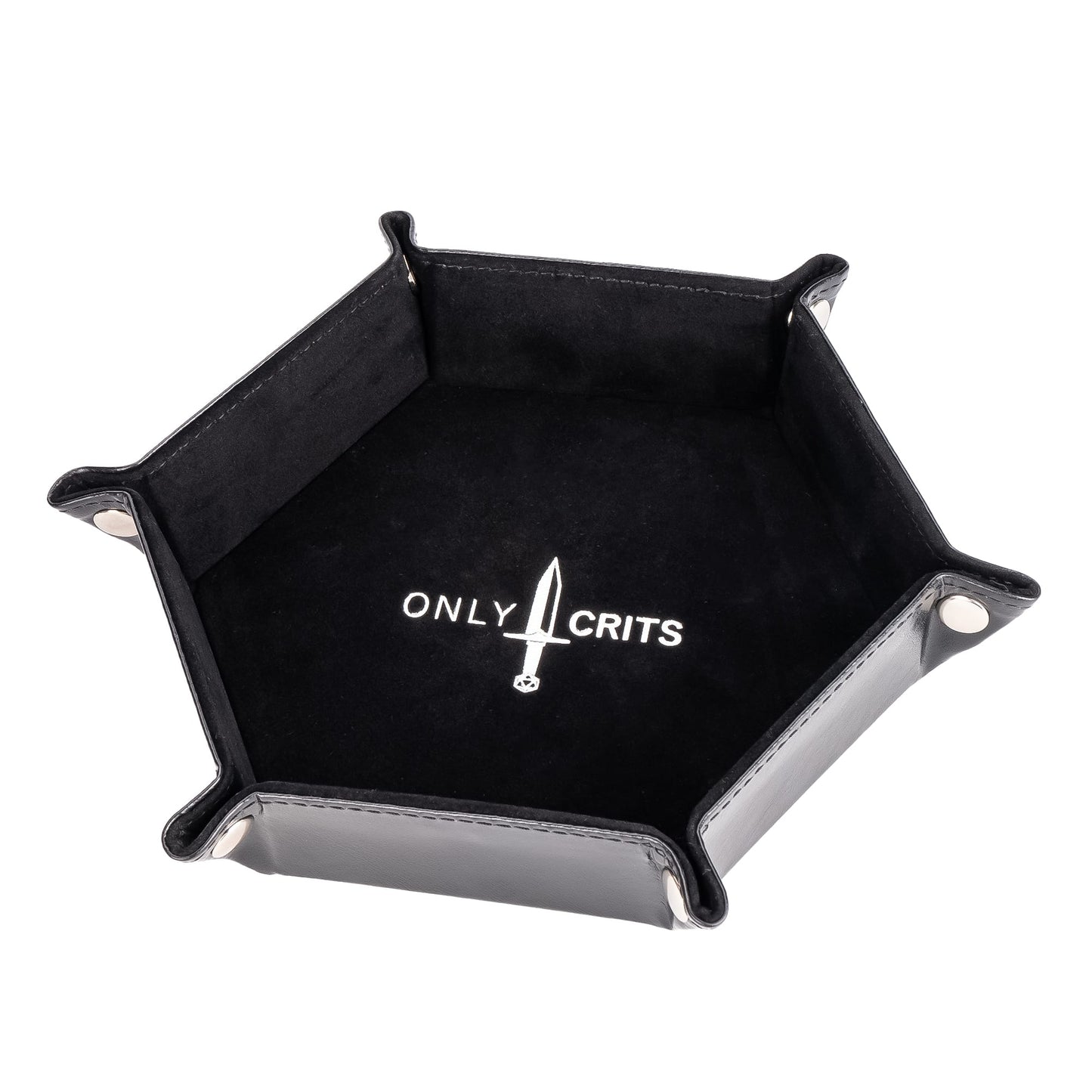 Black hexagon dice tray with Only Crits logo, angled side view