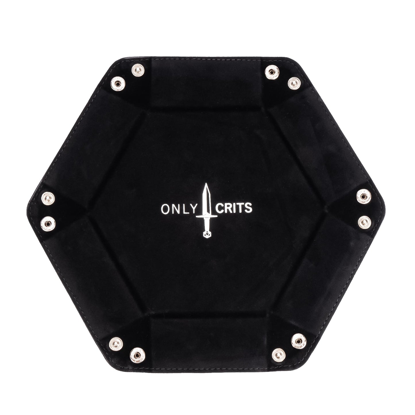 Black hexagon dice tray with Only Crits logo, flat and unfolded