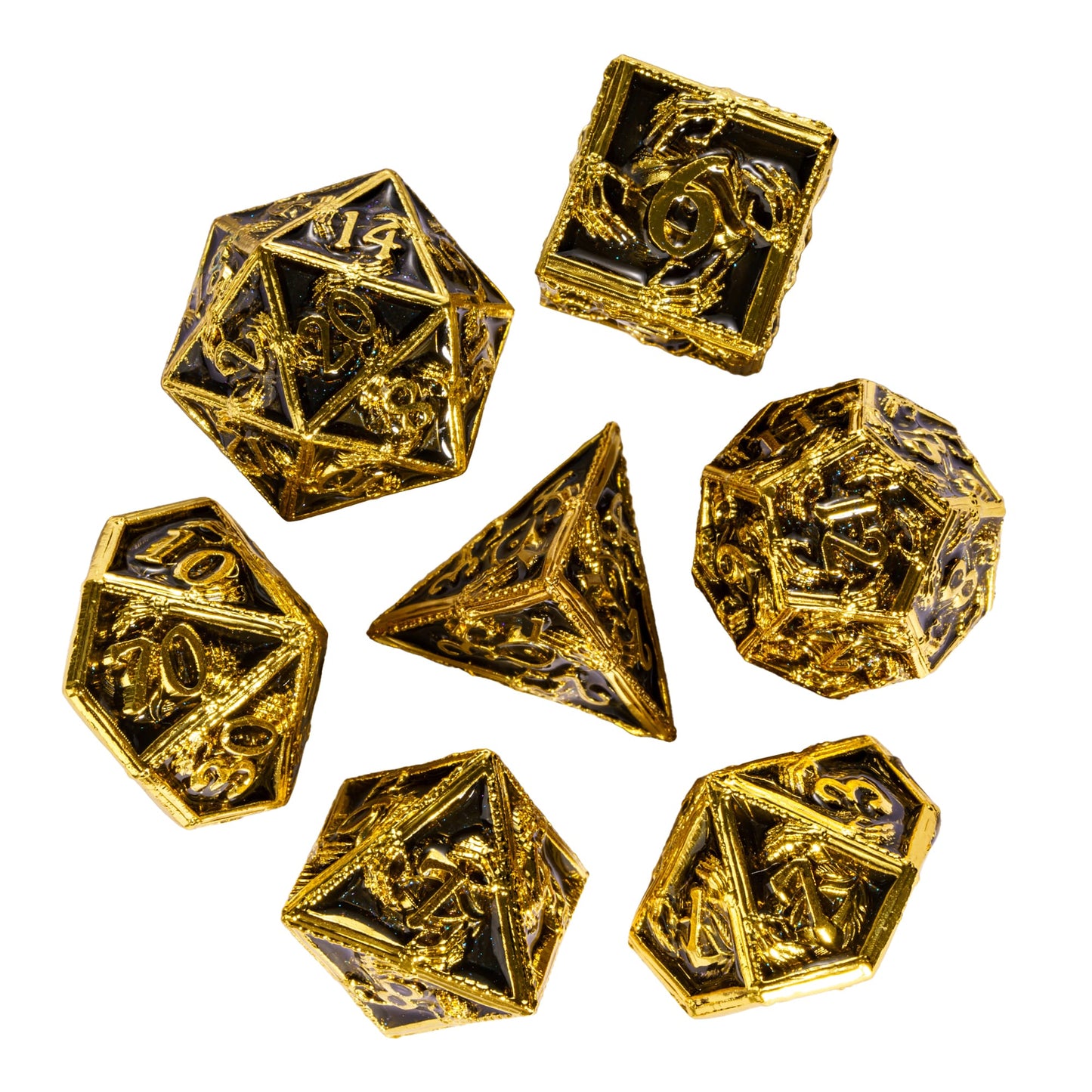 Onyx Crypt Metal Dice Set full 7-piece polyhedral RPG dice set in black & gold