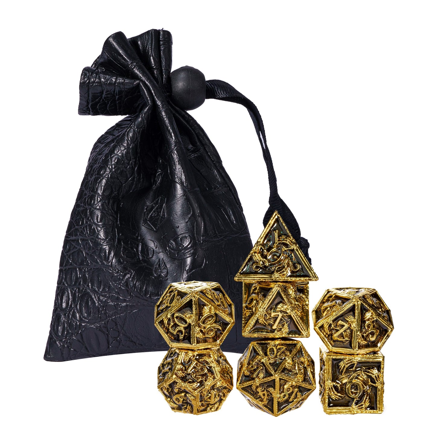 Onyx Crypt Metal Dice Set black & gold RPG dice with dice bag for tabletop gaming