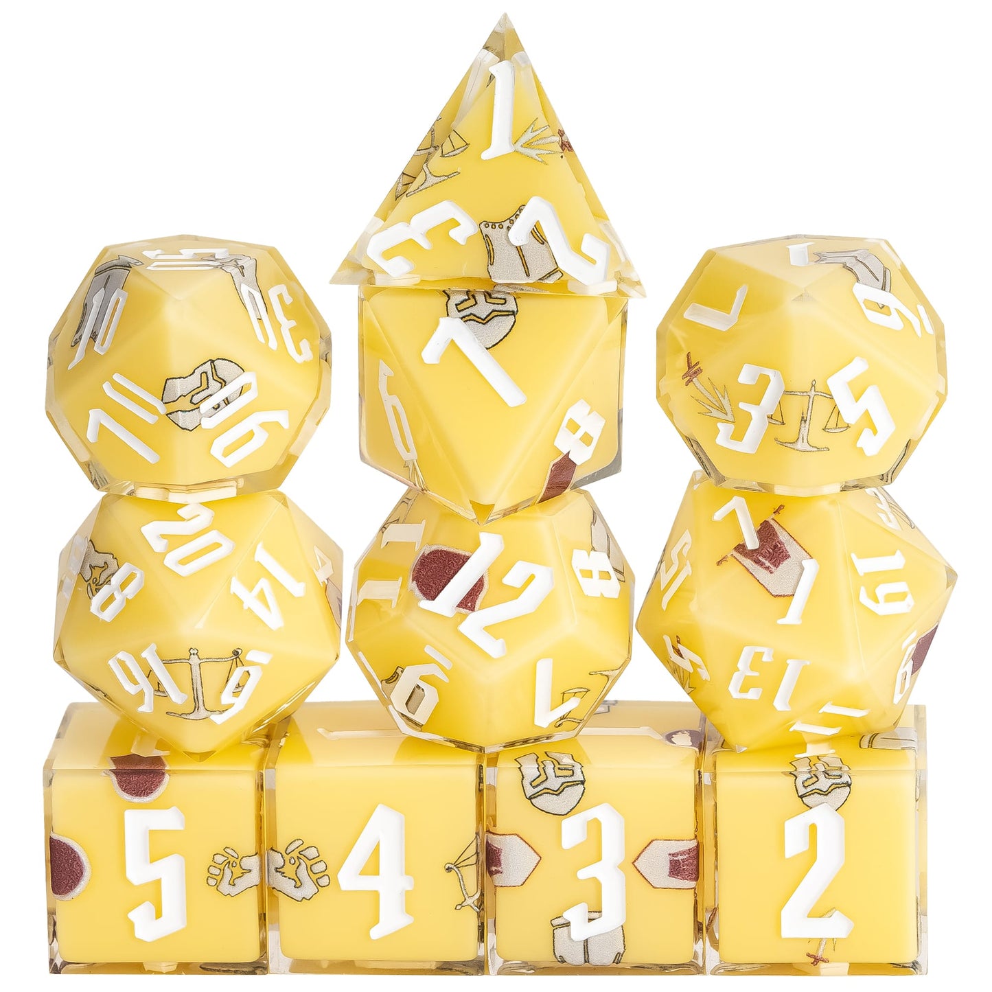 Yellow Paladin Dice Set, 11 piece pastel sharp edge dice for DND 5e players
